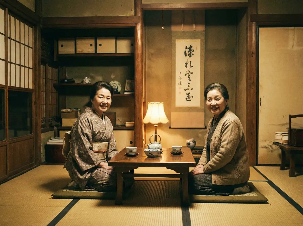 两位优雅的 365体育亚洲平台 在日式茶室中品茶交谈